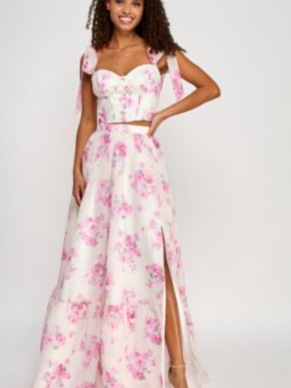 B. Darlin juniors floral print two piece corset ball gown